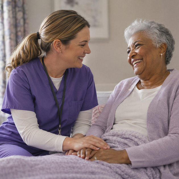 A woman in a hospital bed converses with a nurse, both appearing engaged in a supportive dialogue