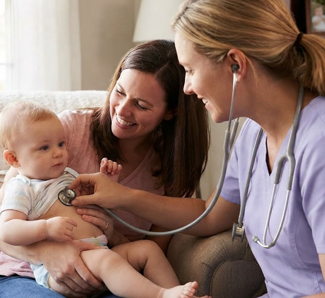 A woman holds a baby while a doctor listens to the baby's heartbeat with a stethoscope