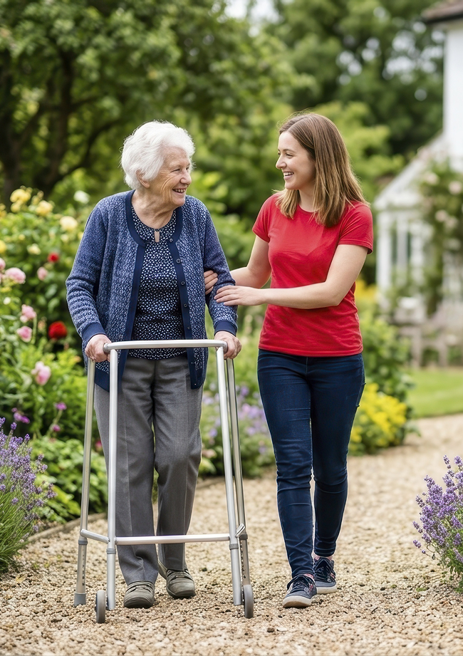 A woman using a walker walks alongside an elderly woman, both smiling and enjoying their time together outdoors
