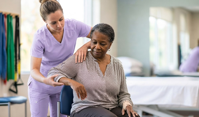 A woman assists an older woman by supporting her arm, demonstrating care and guidance