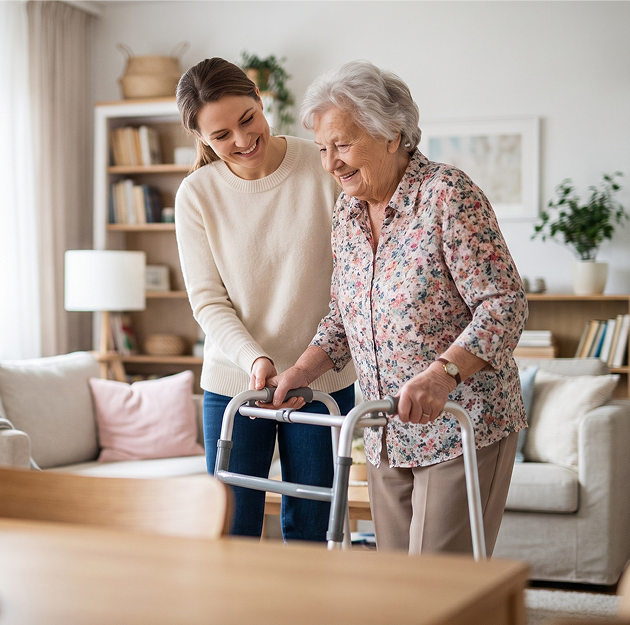 A woman assists an elderly woman using a walker, providing support and guidance in a caring manner
