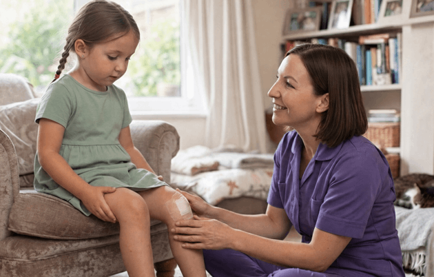 A woman kneels beside a little girl, gently assisting her with a scraped knee, showing care and support